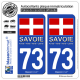2 Autocollants plaque immatriculation Auto 73 Savoie - Drapeau