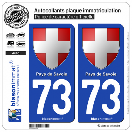2 Autocollants plaque immatriculation Auto 73 Pays de Savoie - Armoiries