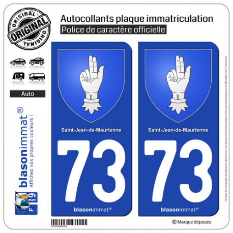 2 Autocollants plaque immatriculation Auto 73 Saint-Jean-de-Maurienne - Armoiries