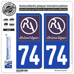 2 Autocollants plaque immatriculation Auto 74 Rhône-Alpes - LogoType II