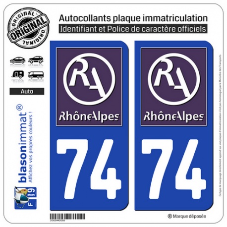 2 Autocollants plaque immatriculation Auto 74 Rhône-Alpes - LogoType II