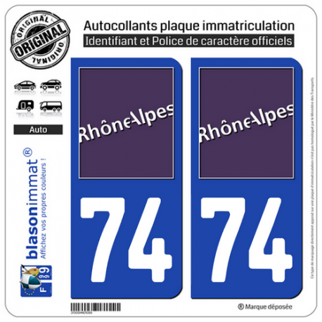 2 Autocollants plaque immatriculation Auto 74 Rhône-Alpes - LogoType