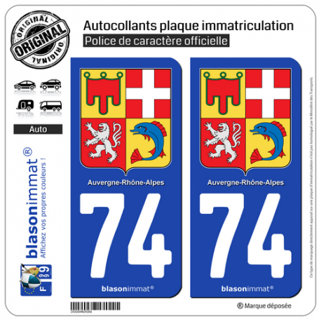 2 Autocollants plaque immatriculation Auto 74 Auvergne-Rhône-Alpes - Armoiries