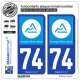 2 Autocollants plaque immatriculation Auto 74 Auvergne-Rhône-Alpes - Région