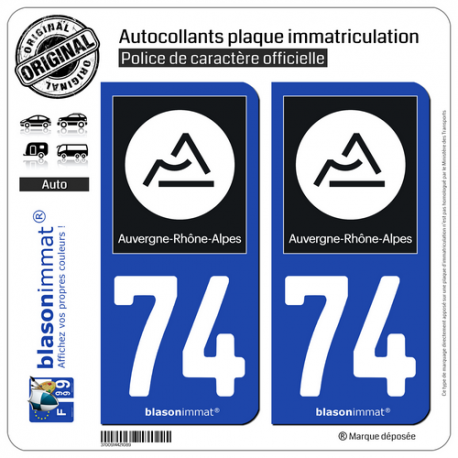 2 Autocollants plaque immatriculation Auto 74 Auvergne-Rhône-Alpes - Région II
