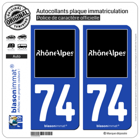 2 Autocollants plaque immatriculation Auto 74 Rhône-Alpes - Tourisme
