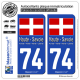 2 Autocollants plaque immatriculation Auto 74 Haute-Savoie - Drapeau