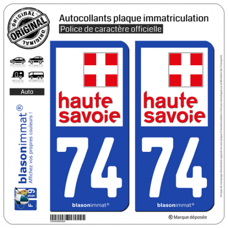 2 Autocollants plaque immatriculation Auto 74 Haute-Savoie - Département