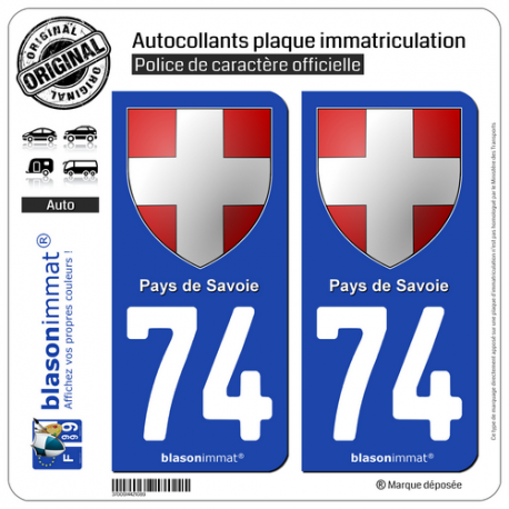 2 Autocollants plaque immatriculation Auto 74 Pays de Savoie - Armoiries