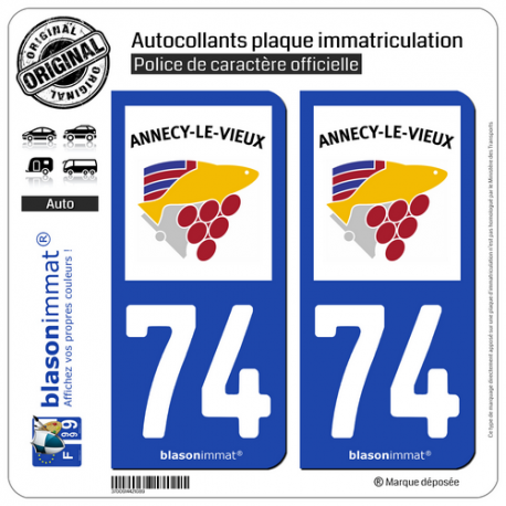 2 Autocollants plaque immatriculation Auto 74 Annecy-le-Vieux - Ville