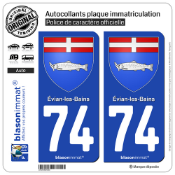 2 Autocollants plaque immatriculation Auto 74 Évian-les-Bains - Armoiries
