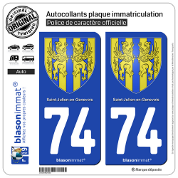 2 Autocollants plaque immatriculation Auto 74 Saint-Julien-en-Genevois - Armoiries