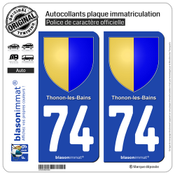 2 Autocollants plaque immatriculation Auto 74 Thonon-les-Bains - Armoiries