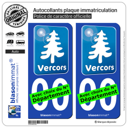 2 Autocollants plaque immatriculation Auto Vercors - Tourisme Bleu