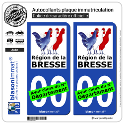 2 Autocollants plaque immatriculation Auto Pays de la Bresse - Région