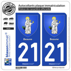 2 Autocollants plaque immatriculation Auto 21 Beaune - Armoiries