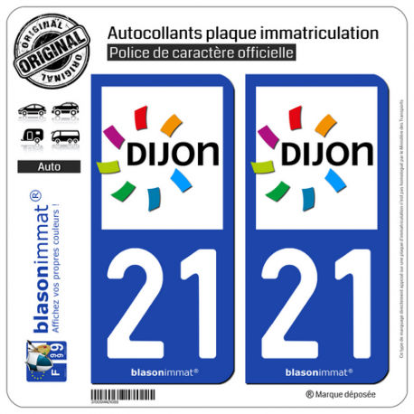 2 Autocollants plaque immatriculation Auto 21 Dijon - Agglo