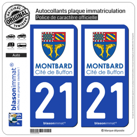 2 Autocollants plaque immatriculation Auto 21 Montbard - Ville