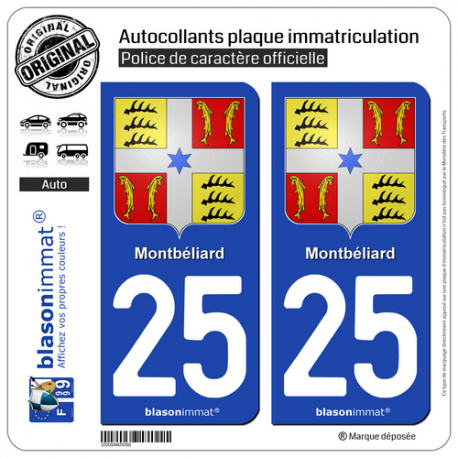 2 Autocollants plaque immatriculation Auto 25 Montbéliard - Armoiries