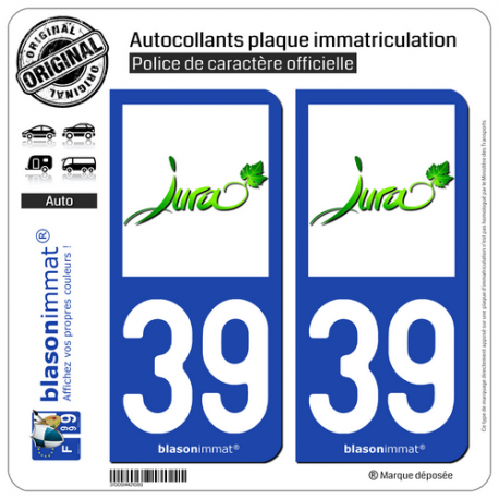 2 Autocollants plaque immatriculation Auto 39 Jura - Vignoble
