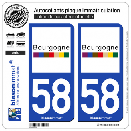 2 Autocollants plaque immatriculation Auto 58 Bourgogne - Tourisme