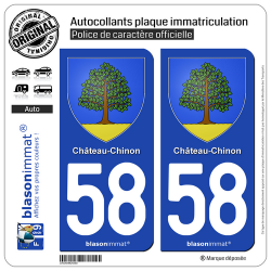 2 Autocollants plaque immatriculation Auto 58 Château-Chinon - Armoiries