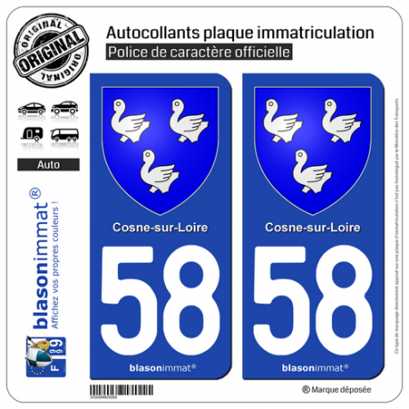 2 Autocollants plaque immatriculation Auto 58 Cosne-sur-Loire - Armoiries