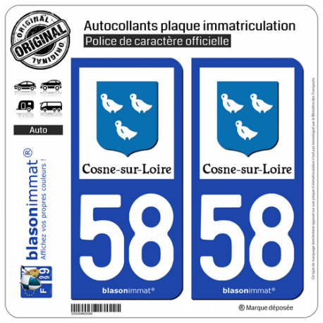 2 Autocollants plaque immatriculation Auto 58 Cosne-sur-Loire - Tourisme