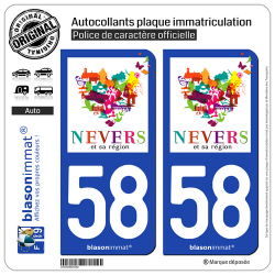 2 Autocollants plaque immatriculation Auto 58 Nevers - Tourisme