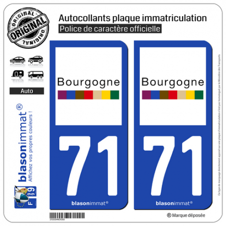 2 Autocollants plaque immatriculation Auto 71 Bourgogne - Tourisme
