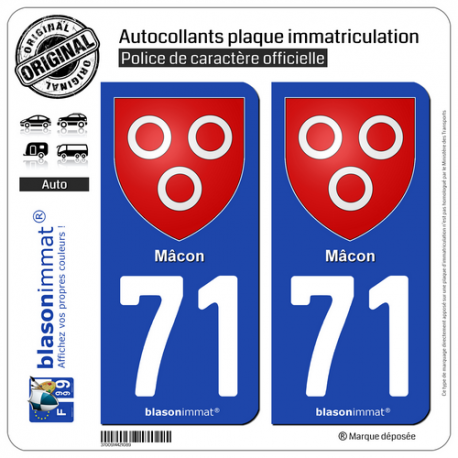 2 Autocollants plaque immatriculation Auto 71 Mâcon - Armoiries