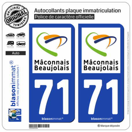 2 Autocollants plaque immatriculation Auto 71 Mâcon - Agglo