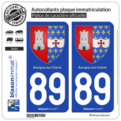 2 Autocollants plaque immatriculation Auto 89 Savigny-sur-Clairis - Armoiries