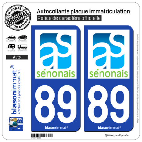 2 Autocollants plaque immatriculation Auto 89 Sens - Agglo