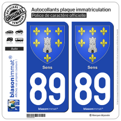 2 Autocollants plaque immatriculation Auto 89 Sens - Armoiries