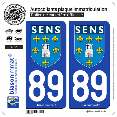 2 Autocollants plaque immatriculation Auto 89 Sens - Ville
