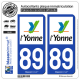 2 Autocollants plaque immatriculation Auto 89 Yonne - Département