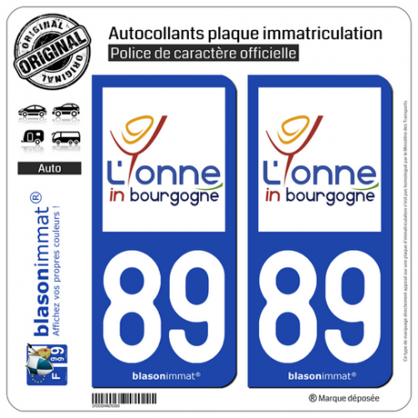 2 Autocollants plaque immatriculation Auto 89 Yonne - Tourisme