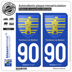 2 Autocollants plaque immatriculation Auto 90 Territoire de Belfort - Armoiries