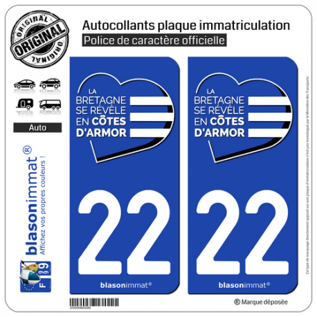 2 Autocollants plaque immatriculation Auto 22 Côtes-d'Armor - Tourisme