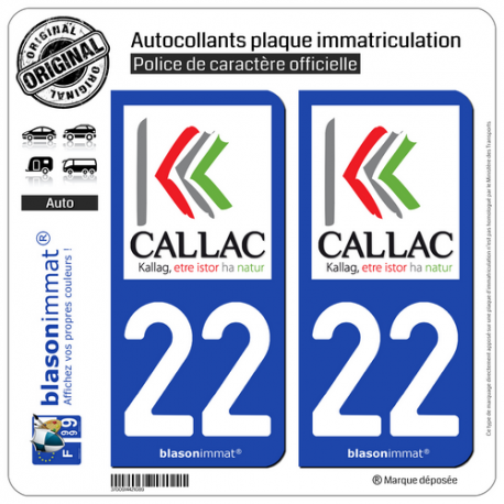 2 Autocollants plaque immatriculation Auto 22 Callac - Ville