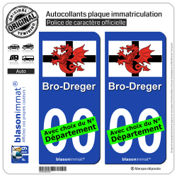 2 Autocollants plaque immatriculation Auto Trégor - Drapeau Blanc