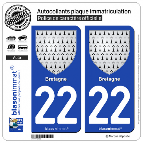 2 Autocollants plaque immatriculation Auto 22 Bretagne - Armoiries
