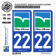 2 Autocollants plaque immatriculation Auto 22 Côtes-d'Armor - Département