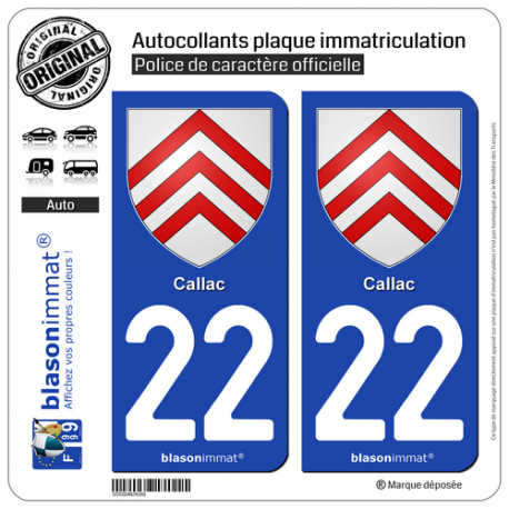 2 Autocollants plaque immatriculation Auto 22 Callac - Armoiries