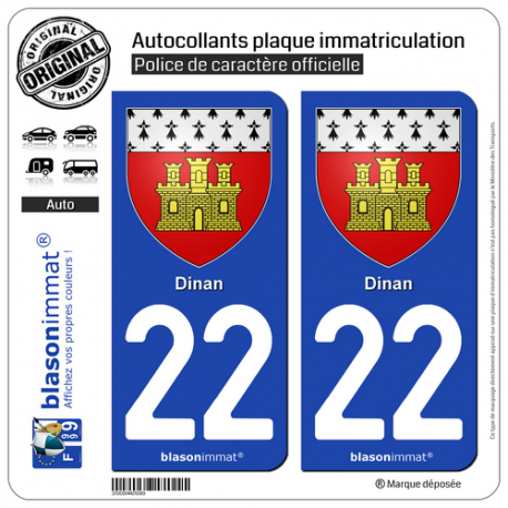 2 Autocollants plaque immatriculation Auto 22 Dinan - Armoiries