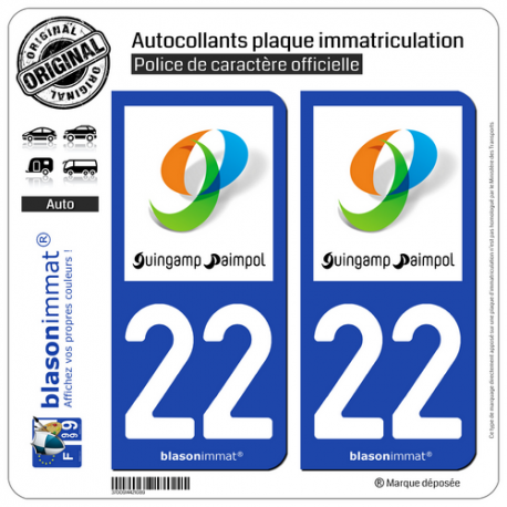 2 Autocollants plaque immatriculation Auto 22 Guingamp - Agglo