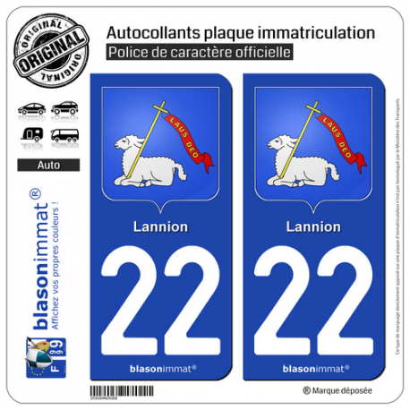 2 Autocollants plaque immatriculation Auto 22 Lannion - Armoiries