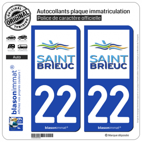 2 Autocollants plaque immatriculation Auto 22 Saint-Brieuc - Ville