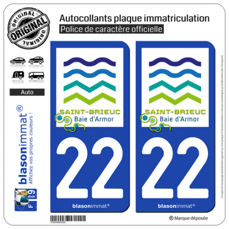 2 Autocollants plaque immatriculation Auto 22 Saint-Brieuc - Agglo